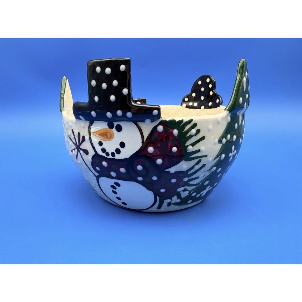 Vintage 1996 Christmas Snowman Ceramic Bowl Expressly Yours Folk Art Holiday 7"